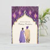 Gold Lanterns Lila Indisches Paar Hochzeit Einladung (Stehend Vorderseite)