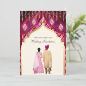 Gold Lanterns Magenta Pink Indian Couple Wedding Einladung (Stehend Vorderseite)