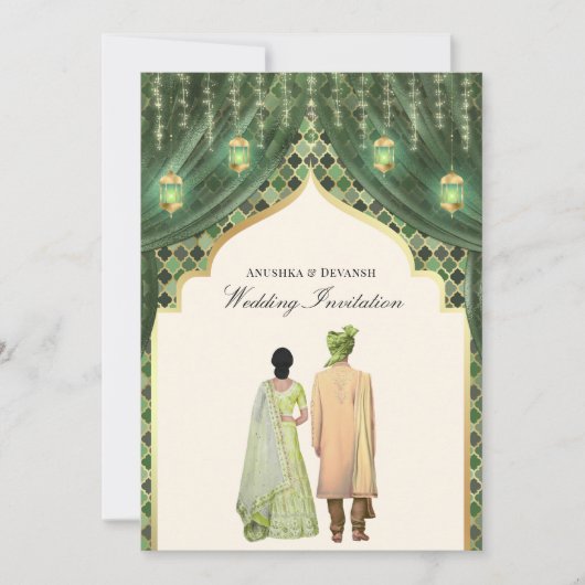 Gold Lanterns Sage Green Indian Couple Wedding Einladung (Vorderseite)