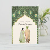 Gold Lanterns Sage Green Indian Couple Wedding Einladung (Stehend Vorderseite)