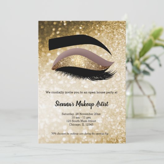 Gold Lashes Eye Einladung (Stehend Vorderseite)
