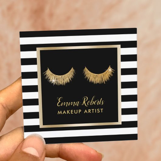 Gold Lashes Makeup Artist Moderne schwarze Streife Quadratische Visitenkarte