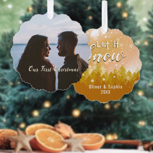 Gold Lass es schneien Erstes Weihnachtsfoto Ornament Karte