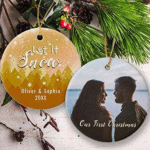 Gold lassen es Schnee Erstes Weihnachtsfest Foto Ornament