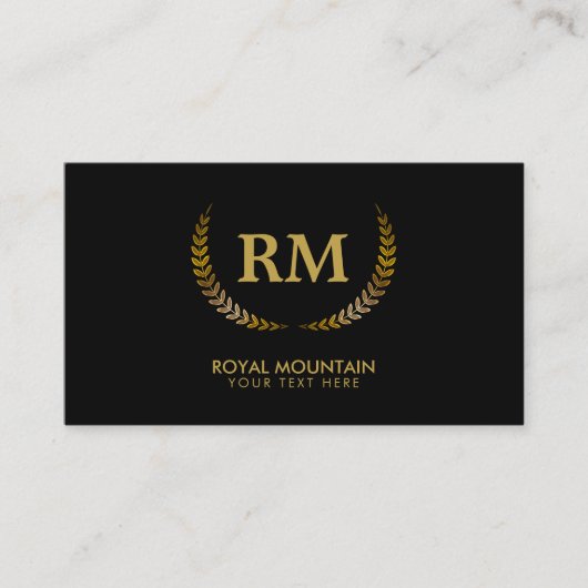 Gold Laurel Blätter | Elegant Initial on Black Visitenkarte (Vorderseite)