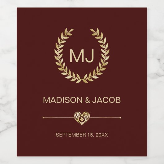 Gold Laurel & Herz Roter Hintergrund Weinetikett (Einzelnes Label)