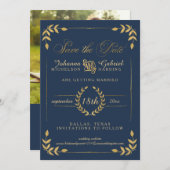 Gold Laurel Leaf Navy Foto Save the Date (Vorne/Hinten)