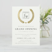 Gold Laurel Logo Verziert Grand Opening Einladung (Stehend Vorderseite)