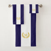 Gold Laurel & Monogram auf Blau & Weiß Streifen Badhandtuch Set (Insitu)