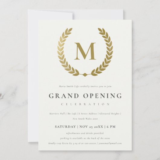 Gold Laurel Monogram Verziert Grand Opening Einlad Dankeskarte (Vorderseite)