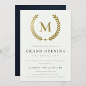 Gold Laurel Monogram Verziert Grand Opening Einlad Dankeskarte (Vorne/Hinten)