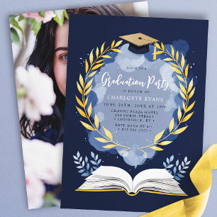 Gold Laurel Navy Blue Graduation Party Foto Einladung