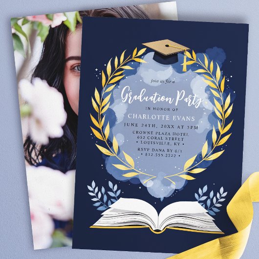 Gold Laurel Navy Blue Graduation Party Foto Einladung