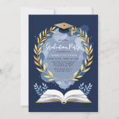 Gold Laurel Navy Blue Graduation Party Foto Einladung (Vorderseite)