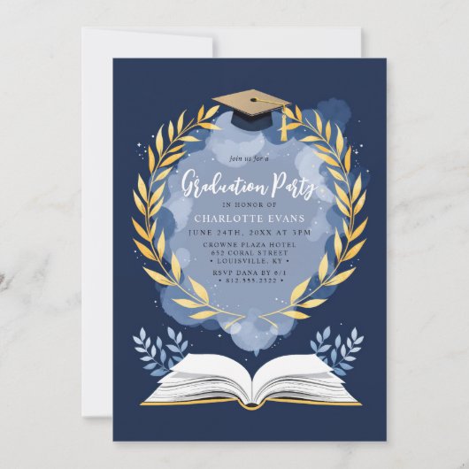 Gold Laurel Navy Blue Graduation Party Foto Einladung (Vorderseite)