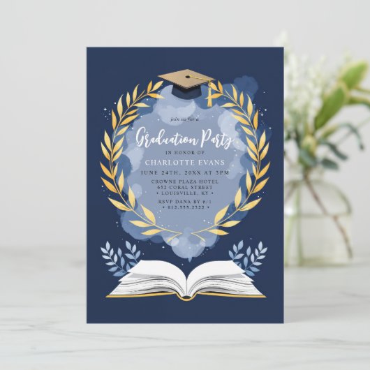 Gold Laurel Navy Blue Graduation Party Foto Einladung (Stehend Vorderseite)