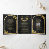 Gold Laurel Wreath Blätter Charcoal Gray Wedding Dreifach Gefaltete Einladung (Innenseite)
