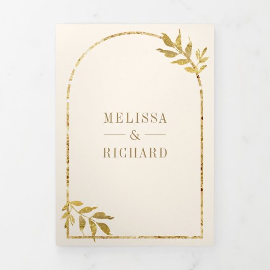 Gold Laurel Wreath Blätter Cream Wedding Dreifach Gefaltete Einladung (Cover)