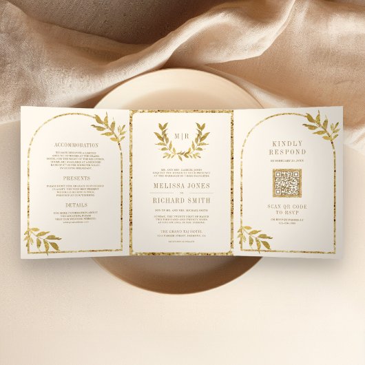 Gold Laurel Wreath Blätter Cream Wedding Dreifach Gefaltete Einladung