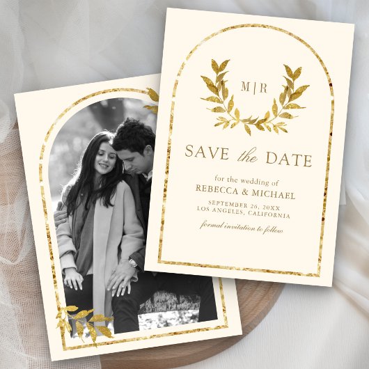 Gold Laurel Wreath Blätter Cream Wedding Save The Date