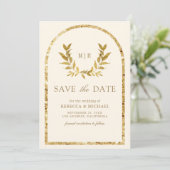 Gold Laurel Wreath Blätter Cream Wedding Save The Date (Stehend Vorderseite)