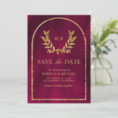 Gold Laurel Wreath Blätter Fuchsia Magenta Wedding Save The Date (Stehend Vorderseite)