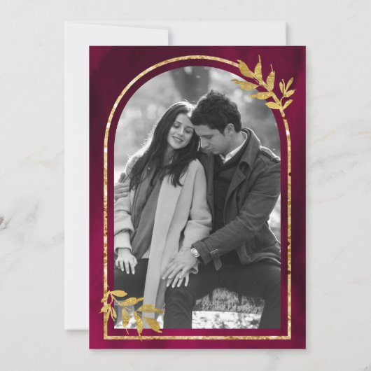 Gold Laurel Wreath Blätter Fuchsia Magenta Wedding Save The Date (Rückseite)