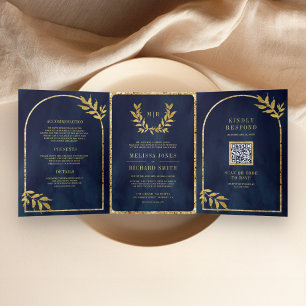 Gold Laurel Wreath Blätter Navy Blue Wedding Dreifach Gefaltete Einladung