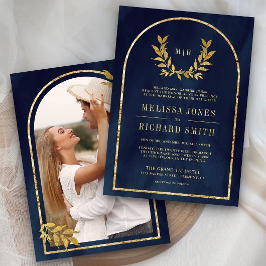 Gold Laurel Wreath Blätter Navy Blue Wedding Einladung