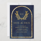 Gold Laurel Wreath Blätter Navy Blue Wedding Save The Date (Vorderseite)