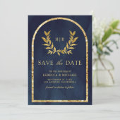 Gold Laurel Wreath Blätter Navy Blue Wedding Save The Date (Stehend Vorderseite)