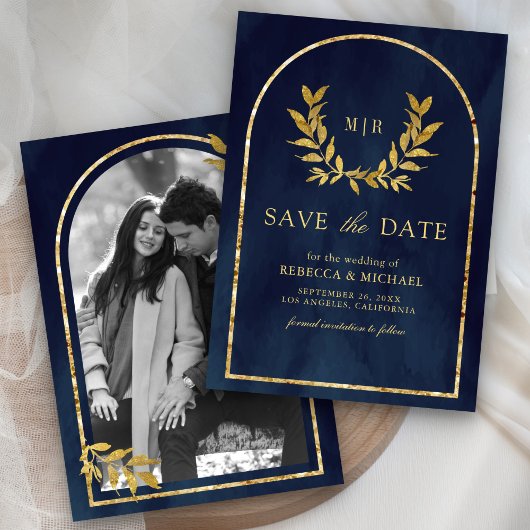 Gold Laurel Wreath Blätter Navy Blue Wedding Save The Date