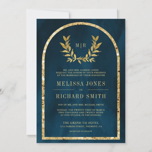 Gold Laurel Wreath Blätter Ocean Blue Wedding Einladung (Vorderseite)