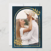 Gold Laurel Wreath Blätter Ocean Blue Wedding Einladung (Rückseite)