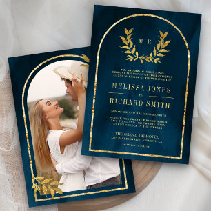 Gold Laurel Wreath Blätter Ocean Blue Wedding Einladung