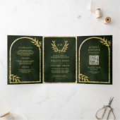 Gold Laurel Wreath Verlasst Olive Green Wedding Dreifach Gefaltete Einladung (Innenseite)