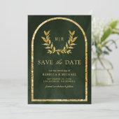 Gold Laurel Wreath Verlasst Olive Green Wedding Save The Date (Stehend Vorderseite)
