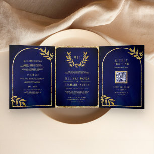 Gold Laurel Wreath Verlasst Royal Blue Wedding Dreifach Gefaltete Einladung