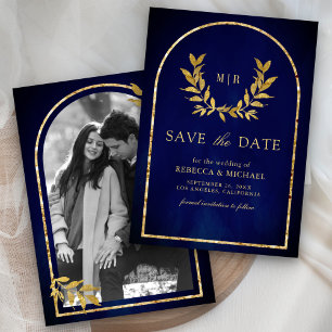 Gold Laurel Wreath Verlasst Royal Blue Wedding Save The Date