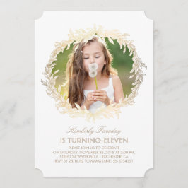 Gold Laurel Wreath White Elegantes Foto Geburtstag Einladung