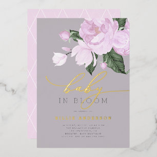 Gold-Lavendel-Grau-Blumen-Babyparty in Blüte Folieneinladung