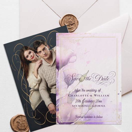 Gold Lavender Floral Photo Wedding Save the Date Einladung