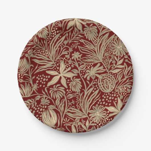Gold Lazy floral Pattern auf Deep Red Pappteller (Vorderseite)