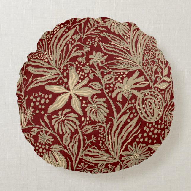 Gold Lazy floral Pattern auf Deep Red Rundes Kissen (Vorderseite)