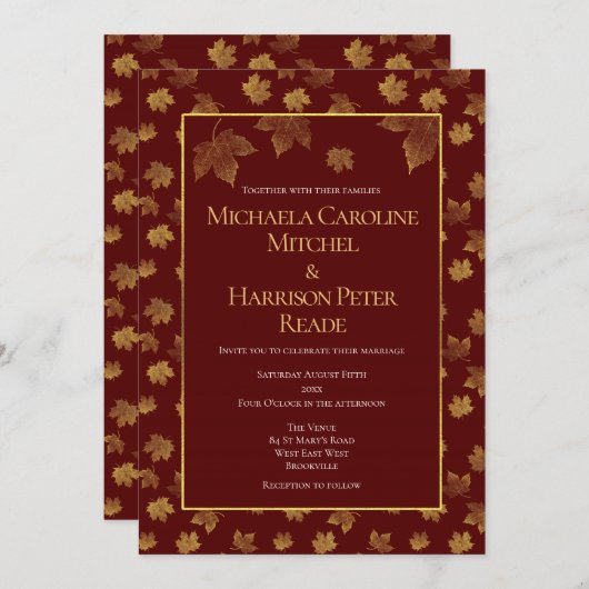 Gold Leaf Burgundy Marsala Wedding Einladung (Vorne/Hinten)