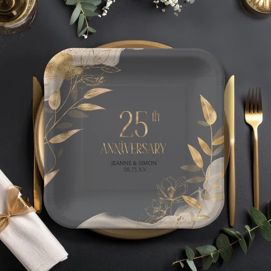 Gold Leaf Floral 25th Anniversary ID1169 Pappteller