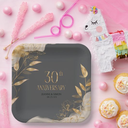 Gold Leaf Floral 30th Anniversary ID1169 Pappteller (Party)
