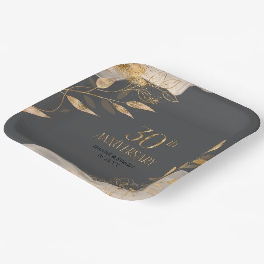 Gold Leaf Floral 30th Anniversary ID1169 Pappteller (Gewinkelt)