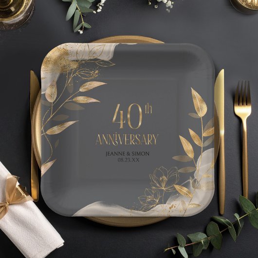 Gold Leaf Floral 40th Anniversary ID1169 Pappteller