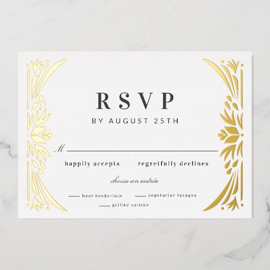 Gold Leaf Gilded Age Foil Wedding RSVP Folieneinladung (Vorderseite)